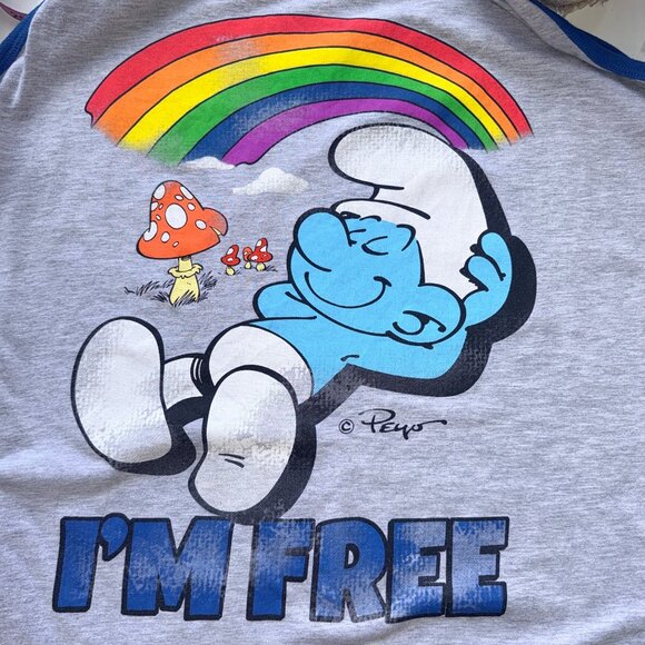 The Smurfs Tank Top Mens 2XL Gray Cotton Blend Graphic Rainbow I’M Free Print - Picture 3 of 4